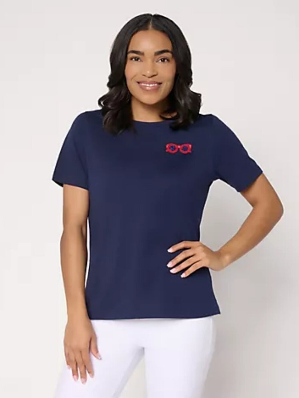 Denim & Co. 100% Cotton Short Sleeve Tee with Embroidery, Navy Sz XL a726082